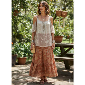 Belle France XL Silk Blend Boho Blouse Cold Shoulder Floral Sequins Shabby Chic